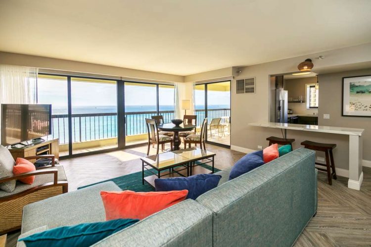 Aston Waikiki Beach Tower - 2 Bedroom Oceanfront Premium Livingroom