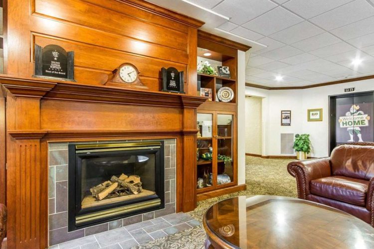 Lobby with fireplace